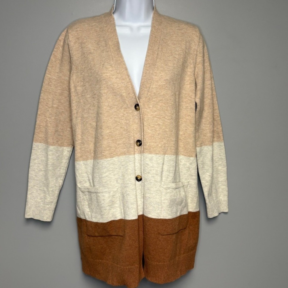 J. Jill Neutral Mininmalist Preppy Tan Colorblock Academia Cardigan Womens Sz S